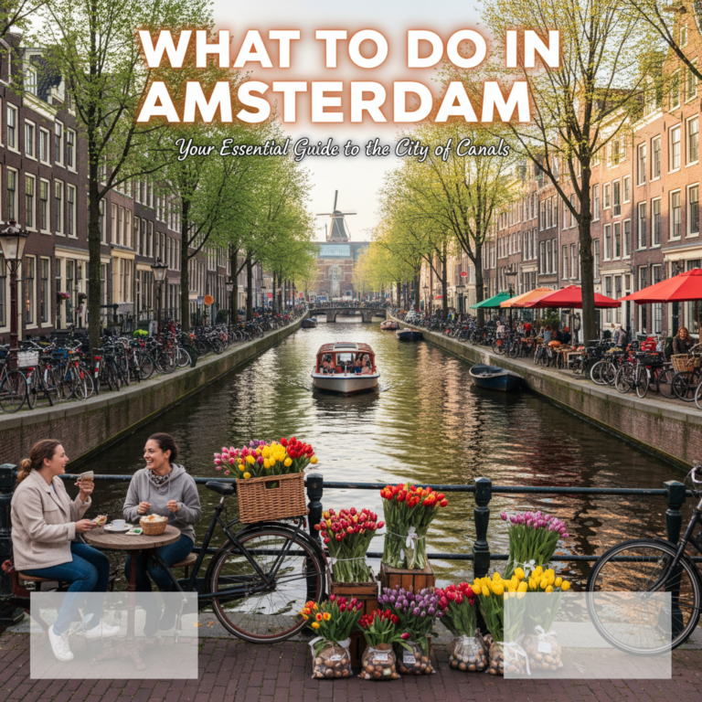 Lively Amsterdam canal scene with cafés, tulips, bikes, boats, and iconic city landmarks in daylight.