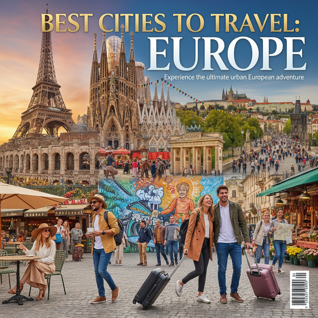 alt_text Travelers explore Europe’s top city landmarks, cafés, parks, and festivals on a vibrant magazine cover.