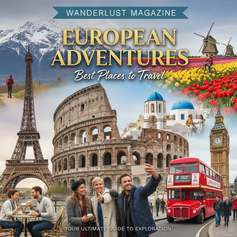 European travel magazine cover with famous landmarks, vibrant scenery, and globetrotters exploring.