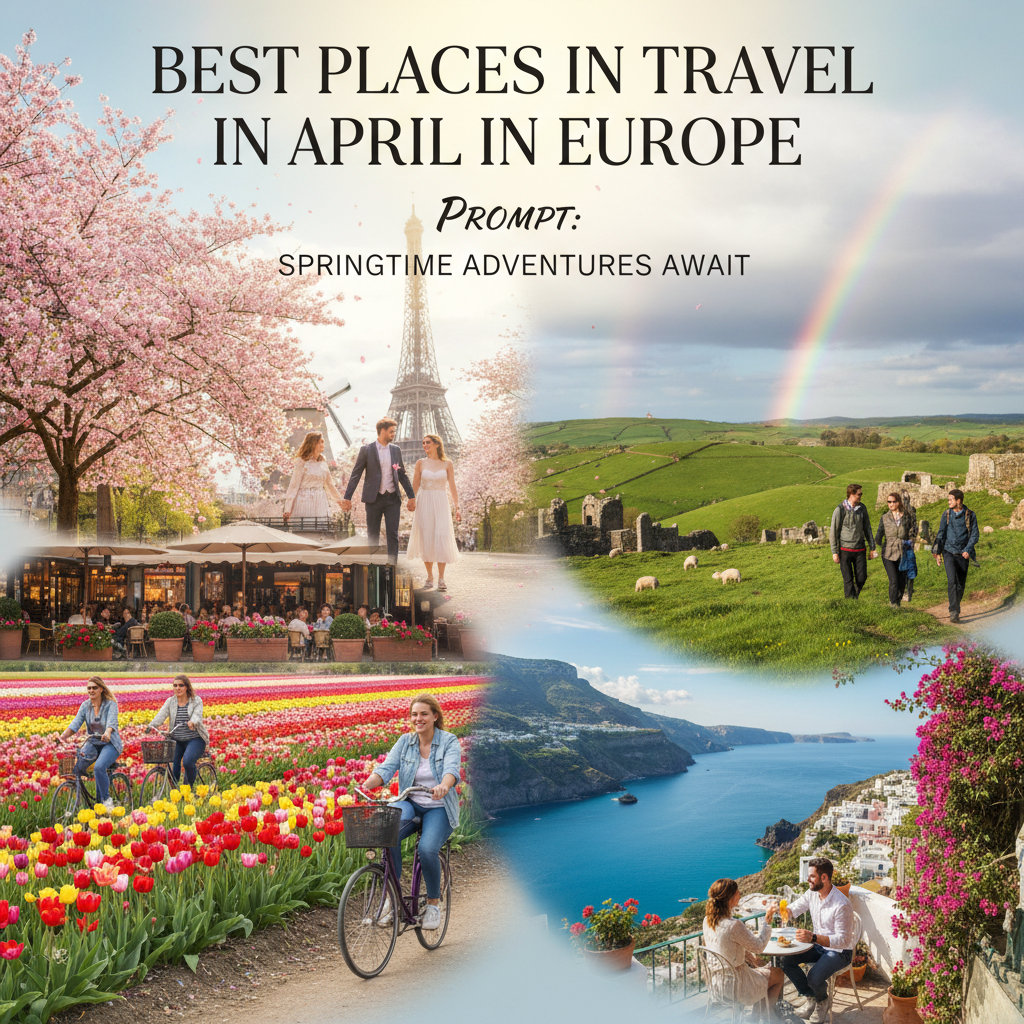 alt_text: Springtime collage of Europe's best April spots—tulip fields, blossoms, cafes, and sunny coasts.