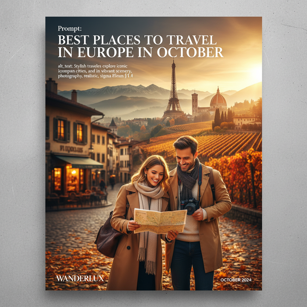 alt_text Stylish travelers explore iconic European cities, vineyards, and mountains in vibrant autumn scenery.