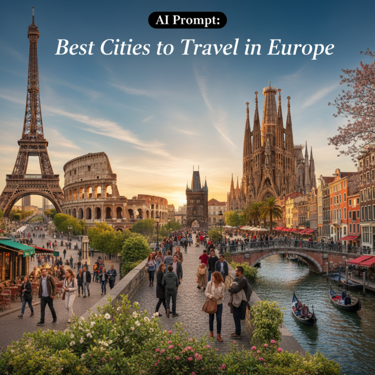 A vibrant collage of iconic European city landmarks and lively travelers under a bright, welcoming sky.