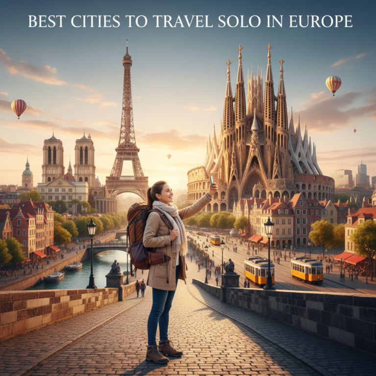 A solo woman explores Europe's top city landmarks—Eiffel Tower, Colosseum, canals, and more.