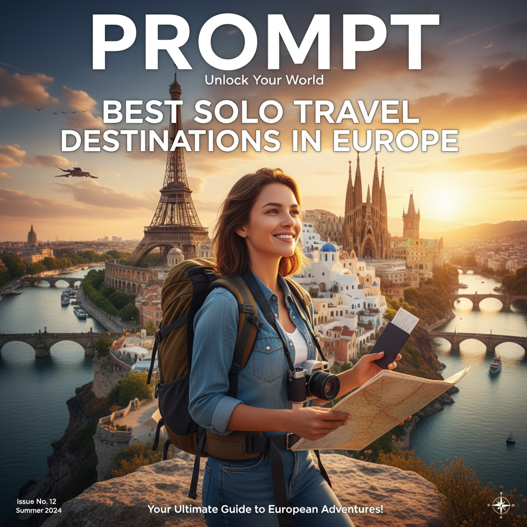 Solo traveler explores Europe’s top sights—Paris, Rome, Santorini—inviting adventure and discovery.