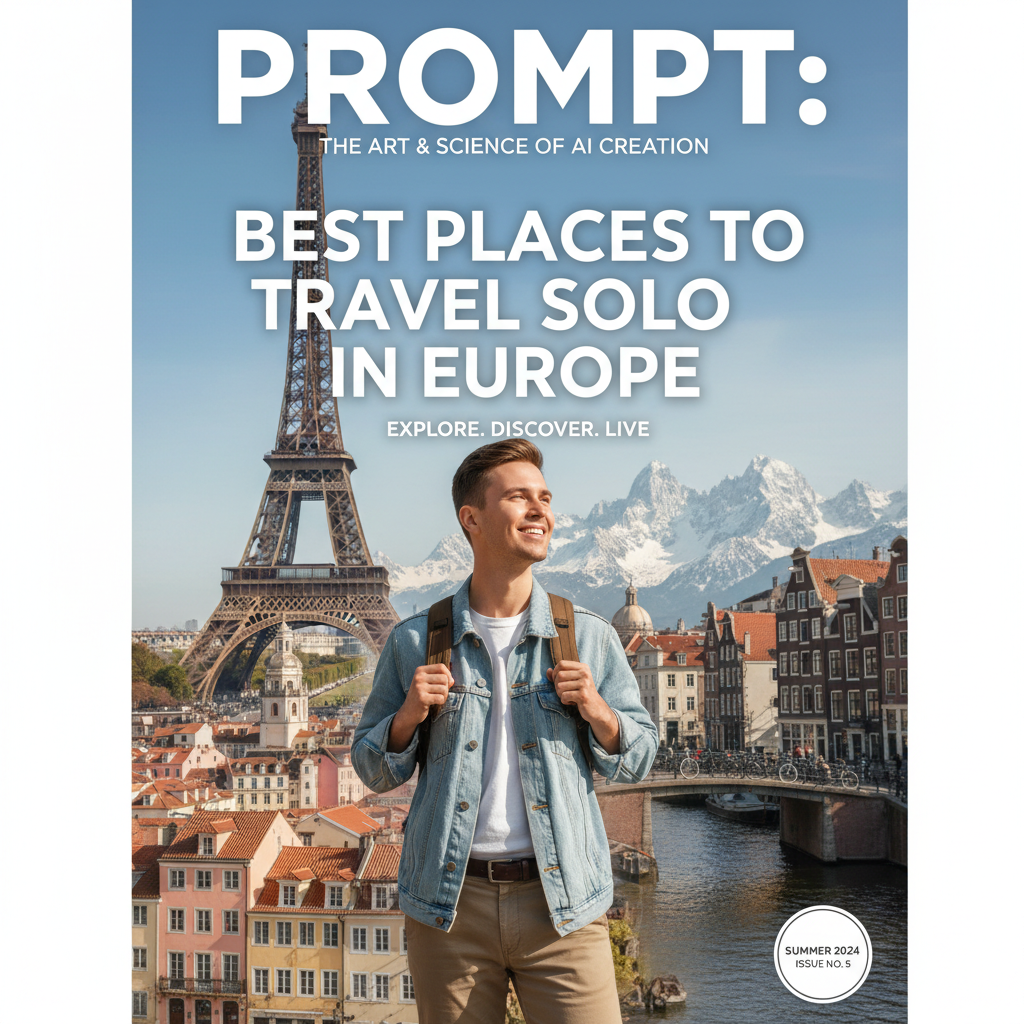 Solo traveler explores iconic European landmarks in a vibrant, inspiring magazine cover scene.