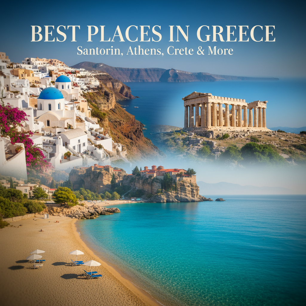 Best Places in Greece: Santorini cliffs, Parthenon, Meteora, Crete beaches under bright blue sky