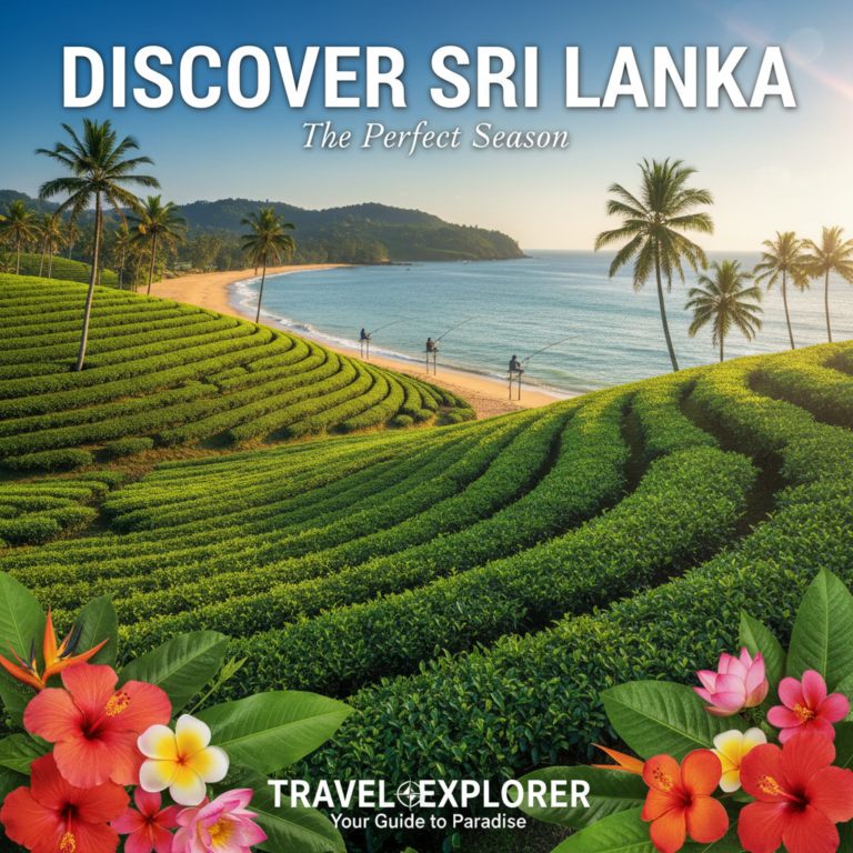 alt_text Lush Sri Lankan tea fields, stilt fishermen, palm trees, and blooms glow under clear post-rain skies.