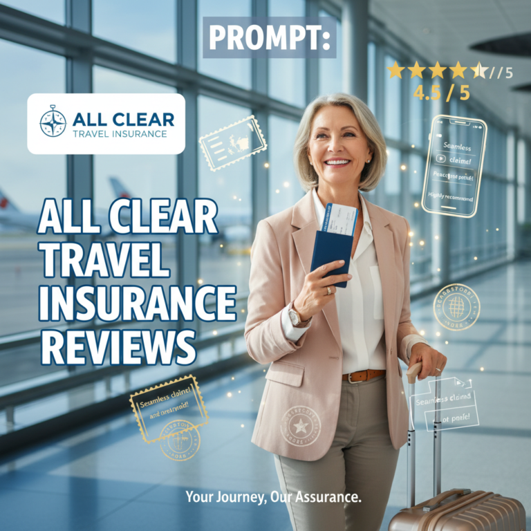 Confident traveler at airport with reviews for All Clear Travel Insurance, evoking trust and safety.