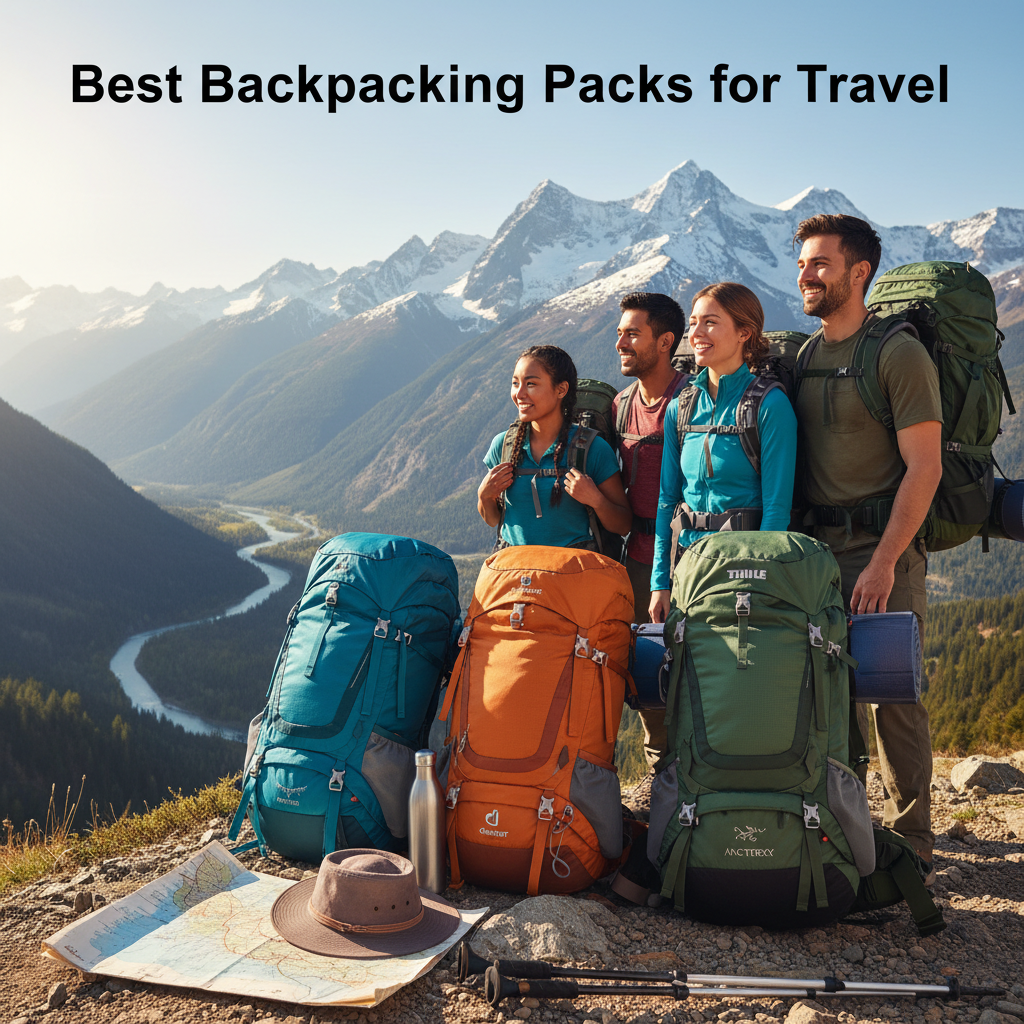 Best Backpacking Packs for Travel—diverse hikers with backpacks, gear, and scenic mountain views.
