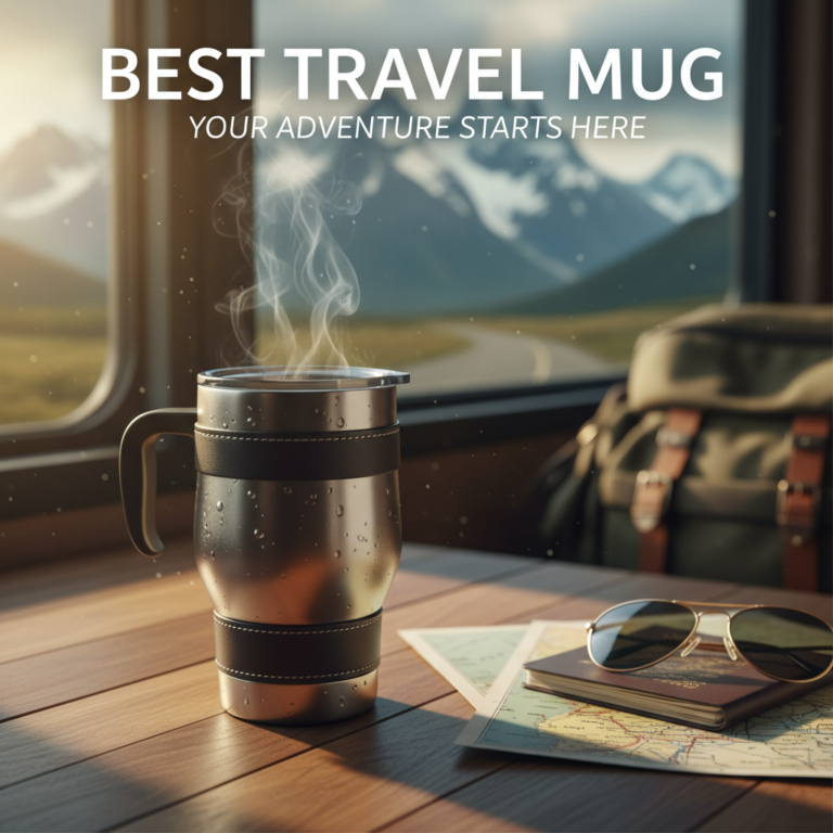 A stylish travel mug with coffee on a wood table, sunlight, and travel gear, evoking adventure.