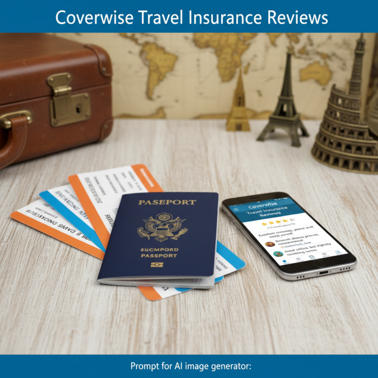 Passport, tickets, and a phone with reviews highlight Coverwise Travel Insurance on a stylish magazine cover.