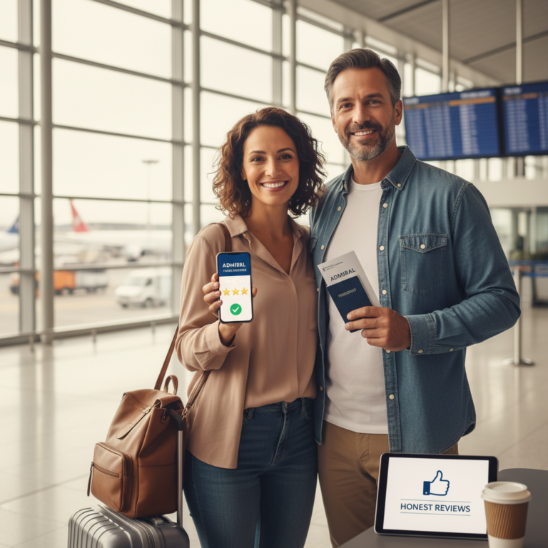 Confident travelers at airport with travel bags, "Admiral" policy, stars, and trustful review vibes.