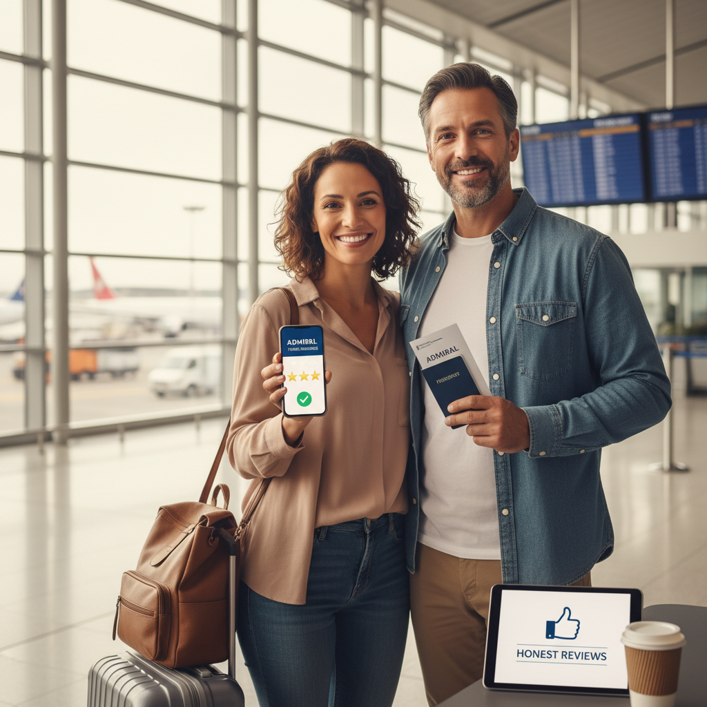 Confident travelers at airport with travel bags, "Admiral" policy, stars, and trustful review vibes.