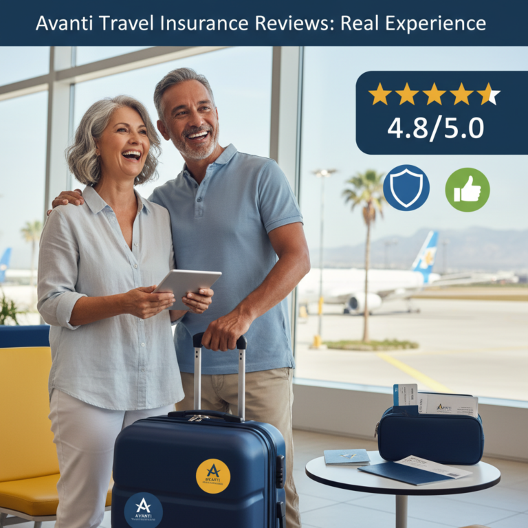 alt_text Mature couple with Avanti Travel Insurance prepares for vacation; reviews and star ratings highlighted.