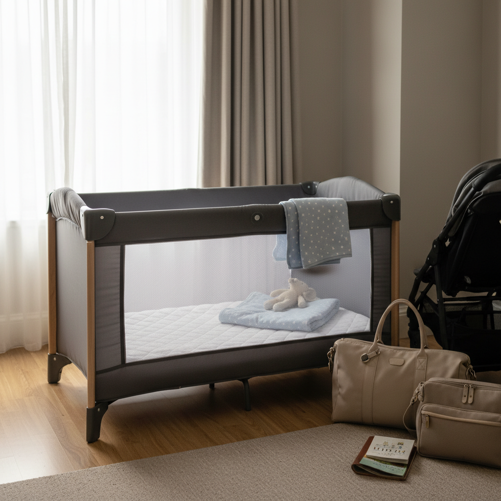 alt_text Modern travel cot in a sunlit hotel room with cozy bedding, plush toy, and travel essentials nearby.