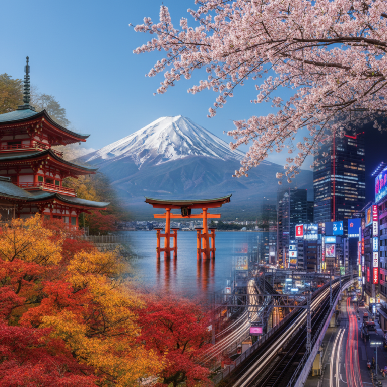 alt_text Collage of Mount Fuji, cherry blossoms, Torii gate, Kyoto temples, and neon-lit Tokyo cityscape.