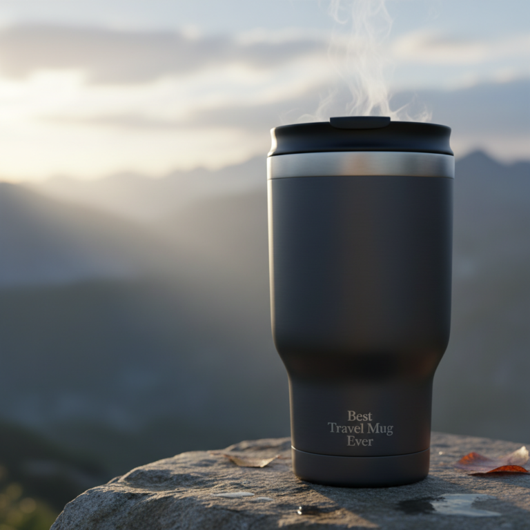 Sleek travel mug with steam on a mountain sunrise background, evoking adventure and premium design.