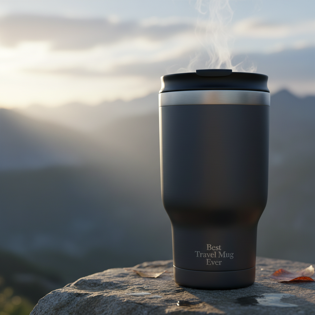 Sleek travel mug with steam on a mountain sunrise background, evoking adventure and premium design.