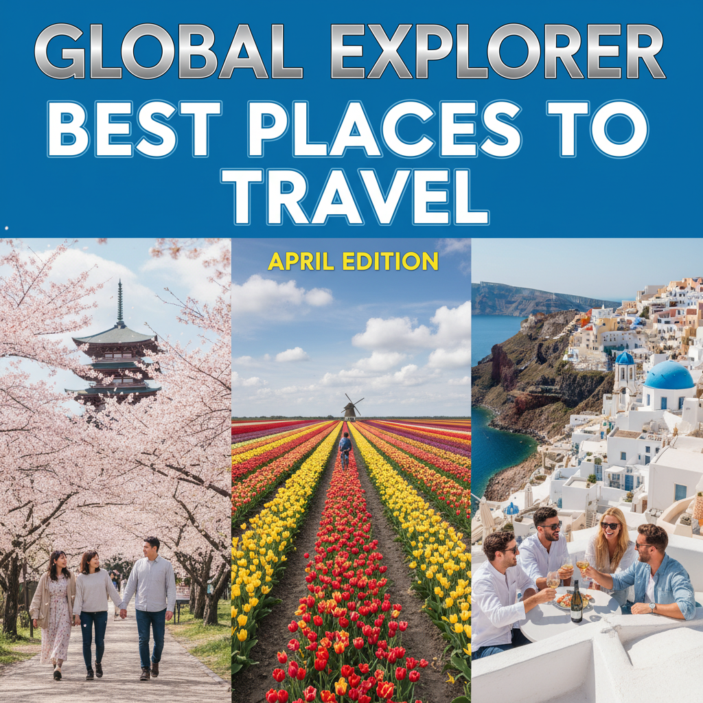 alt_text Travel magazine cover showing cherry blossoms, tulips, and a sunny Mediterranean coast in spring.