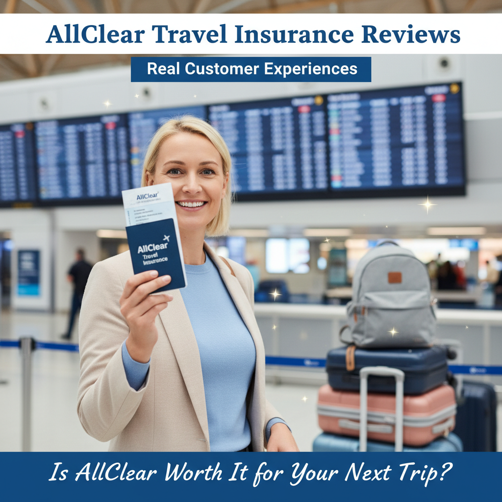 Confident traveler at airport showcases AllClear Travel Insurance; exploring real customer reviews.
