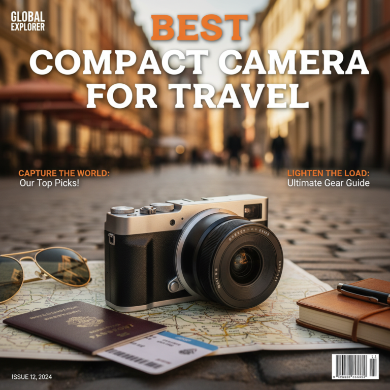 Best compact travel camera on display, surrounded by travel essentials, sparks wanderlust and adventure.