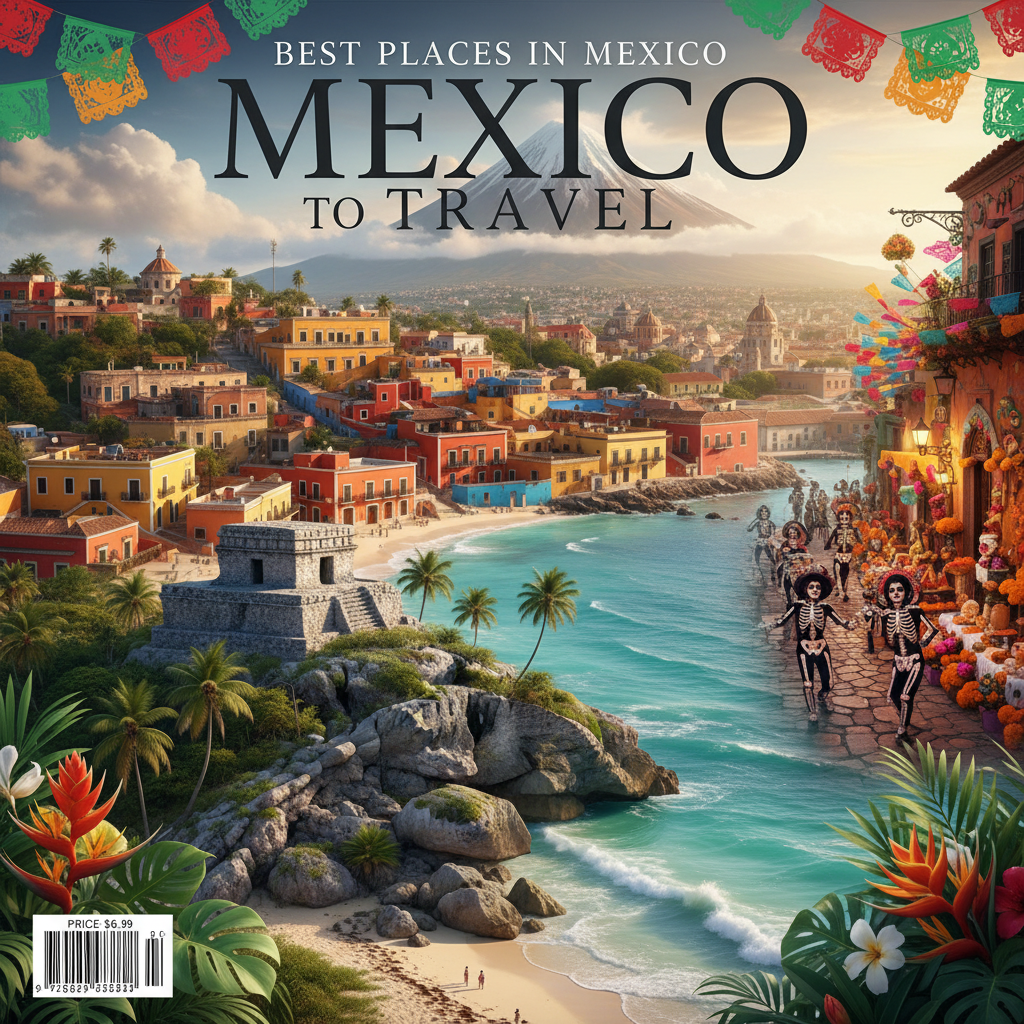 alt_text A vibrant magazine cover shows top Mexican travel spots with ruins, beaches, volcano, and festivities.