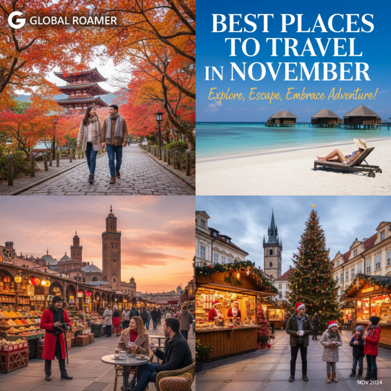 alt_text Travel magazine cover showing vibrant November destinations: Kyoto, Maldives, Marrakech, and Prague.