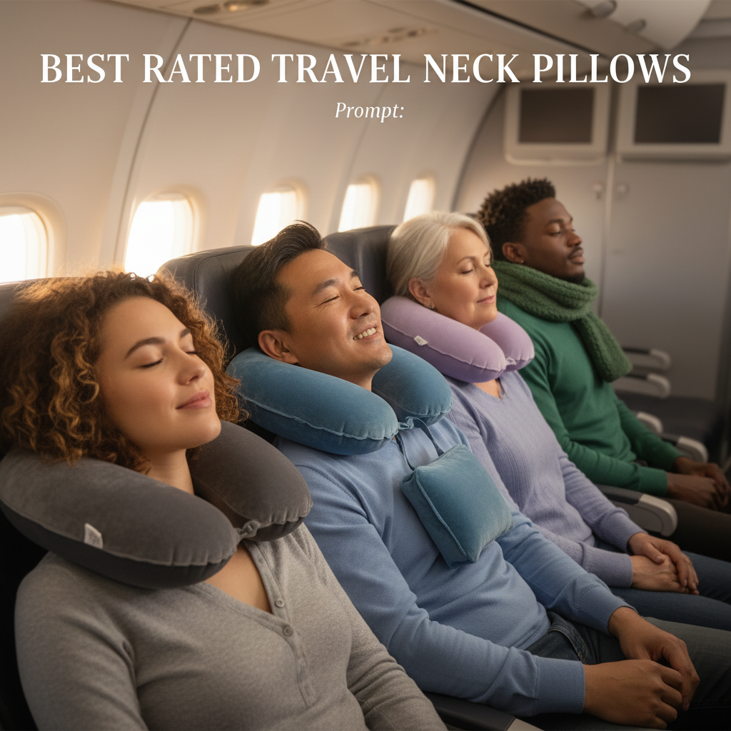 Diverse travelers relaxing with top-rated neck pillows on a plane, showcasing comfort and variety.