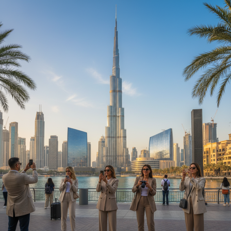 alt_text: Tourists enjoy Dubai’s sunny waterfront with palm trees and skyline glimpses, ideal travel season.