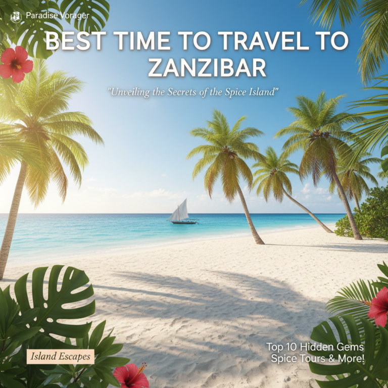 alt_text Idyllic Zanzibari beach with palm trees, turquoise sea, dhow boat, and warm golden sunshine.