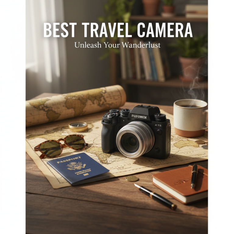 Best travel camera on rustic table with map, passport, essentials—evoking adventure and wanderlust.