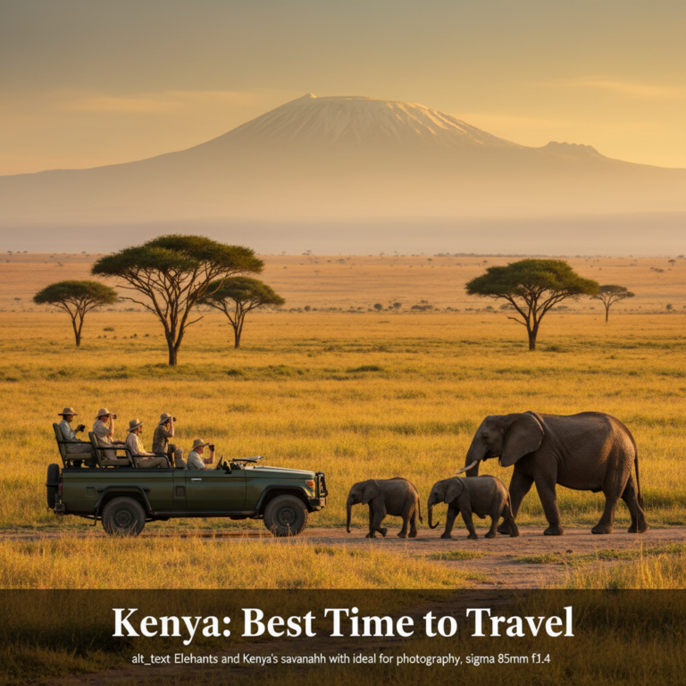 alt_text Elephants and safari jeep on Kenya’s golden savannah with Kilimanjaro, ideal for travel season.