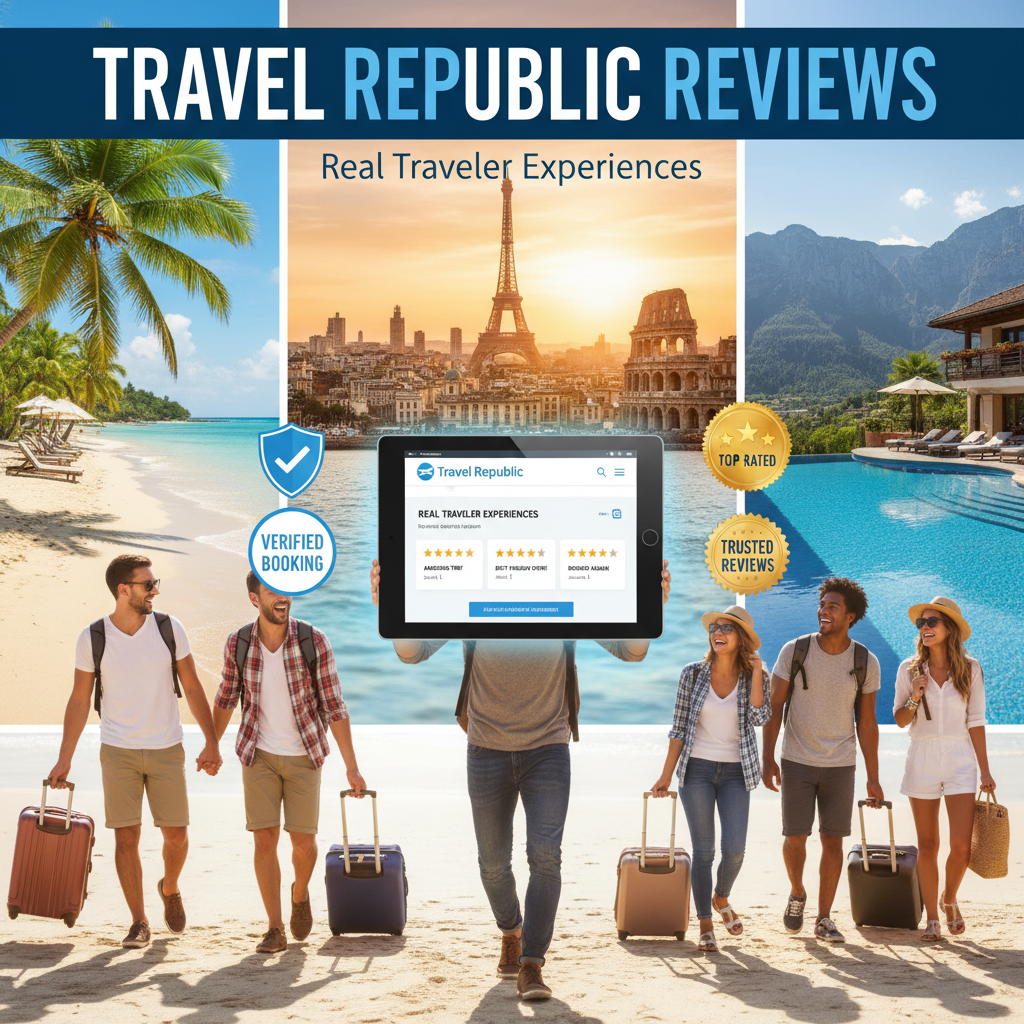 Travel Republic Reviews cover with happy travelers, star ratings, and real customer feedback on display.