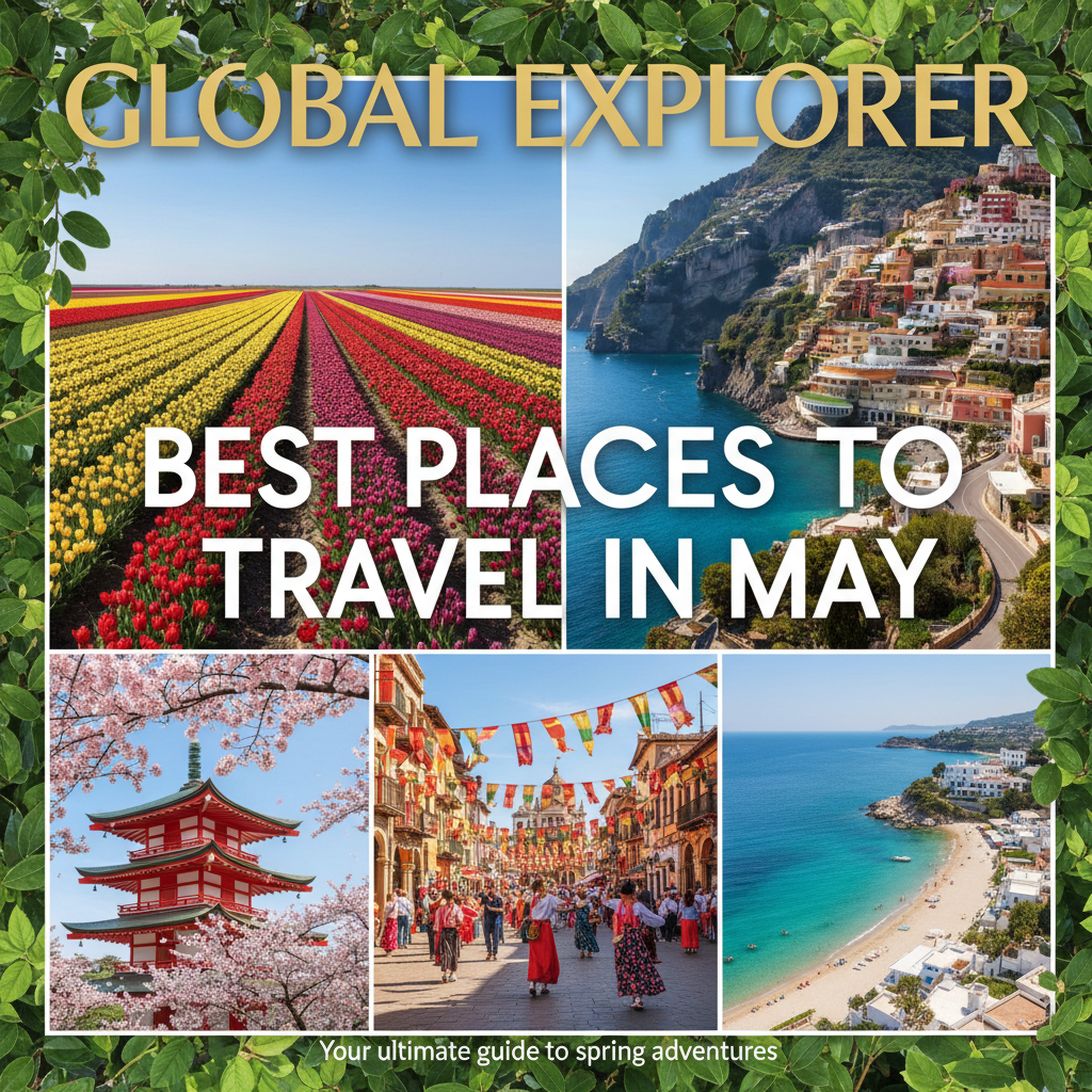 Collage of stunning May travel spots: tulip fields, Amalfi Coast, cherry blossoms, and sunny beaches.