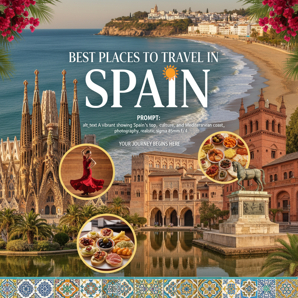 alt_text A vibrant travel magazine cover showing Spain’s top landmarks, culture, cuisine, and Mediterranean coast.