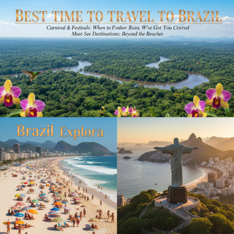 Brazil travel magazine cover with Amazon, Copacabana, Christ statue, sunny skies, and vibrant seasons.