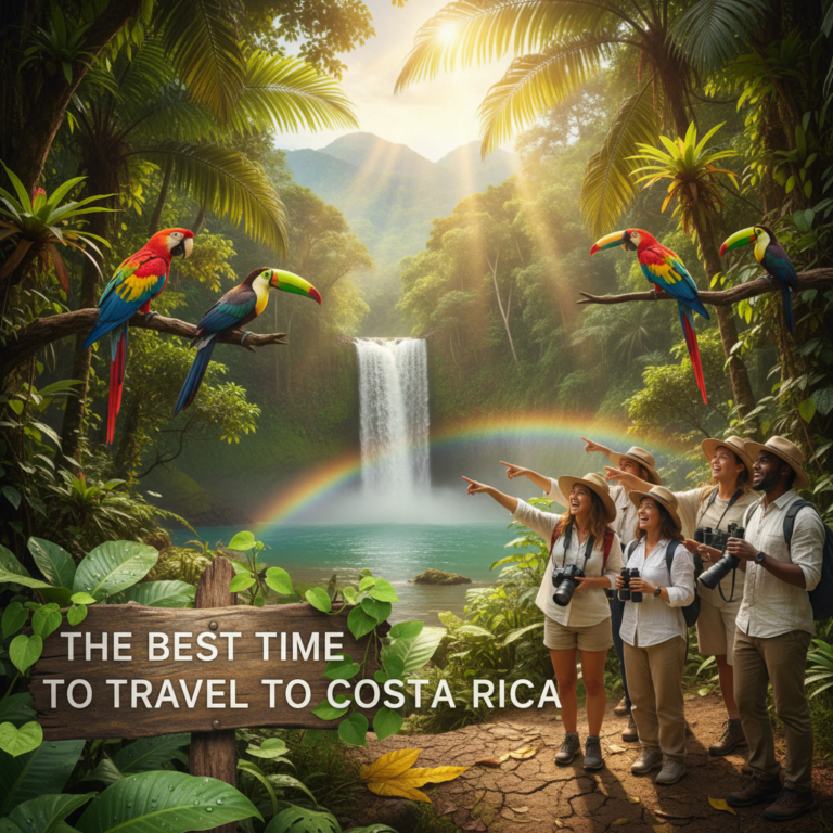 Tourists exploring a sunny Costa Rican rainforest with birds, waterfalls, and hints of dry and rainy seasons.