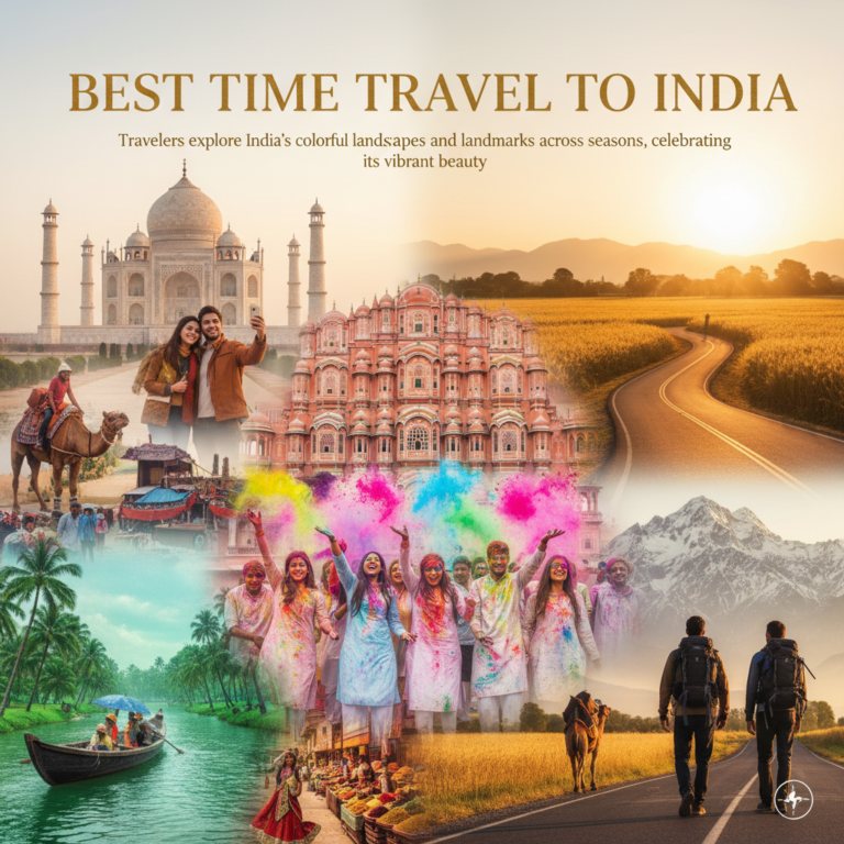 Travelers explore India’s colorful landscapes and landmarks across seasons, celebrating its vibrant beauty.