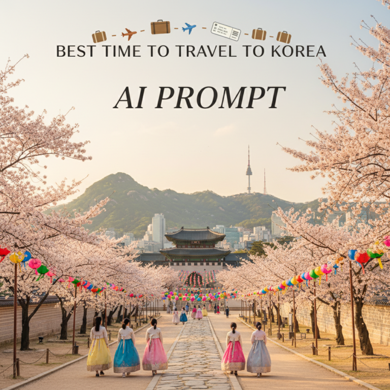 Spring in Korea: Hanbok-clad visitors, cherry blossoms, landmarks, and city views inspire wanderlust.