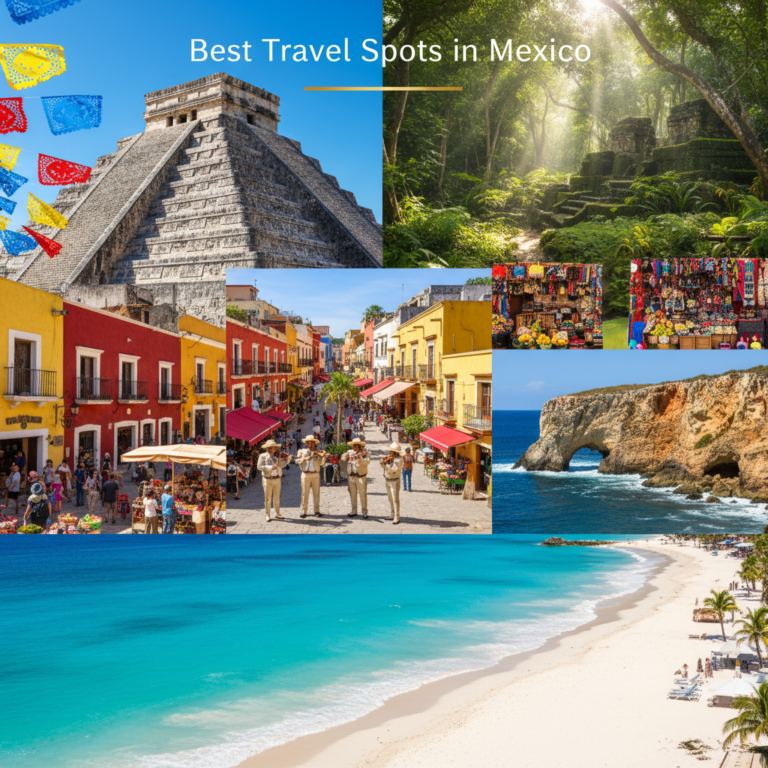 Best Travel Spots in Mexico: vibrant collage of iconic sites, beaches, markets, and mariachi culture