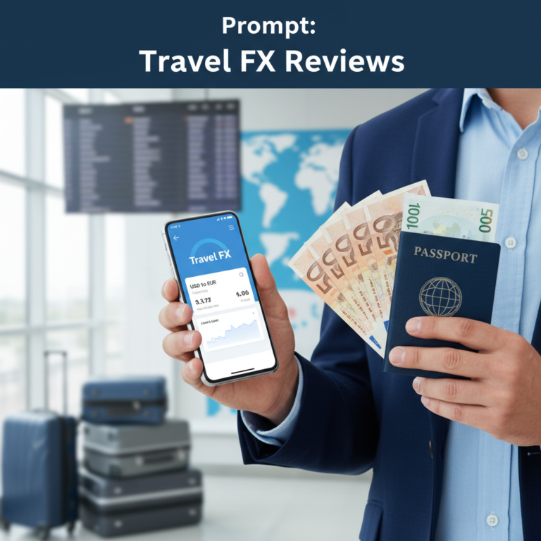Smart traveler with passport, currency, and smartphone using Travel FX app, ready for global journeys.