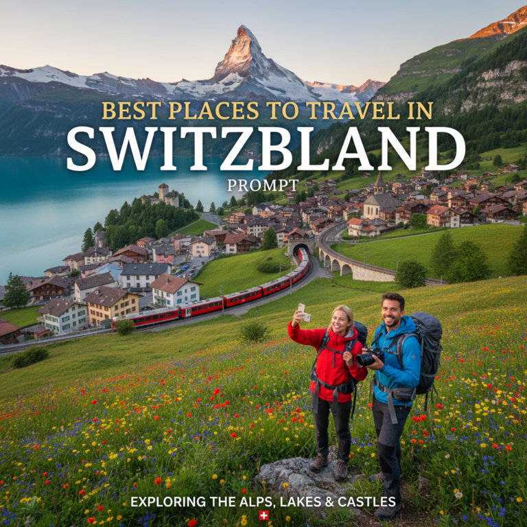 alt_text Travelers explore Swiss Alps, lakes, villages, and castles on a vibrant "Best Places to Travel" cover.