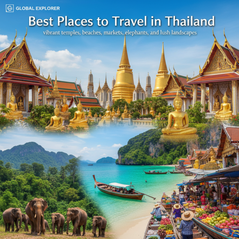 Best Places to Travel in Thailand: vibrant temples, beaches, markets, elephants, and lush landscapes.