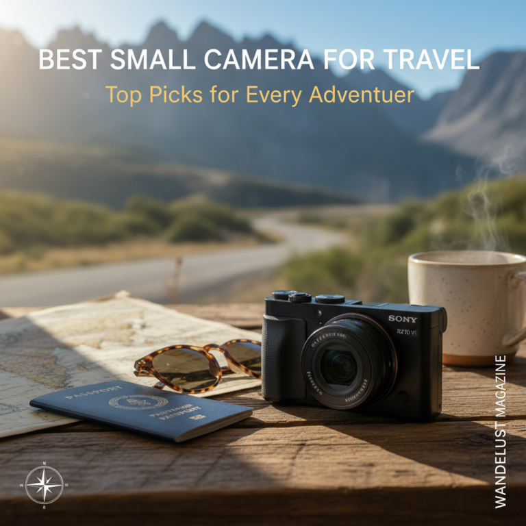 Compact travel camera on a table with map, passport, sunglasses, coffee, and a scenic travel backdrop.