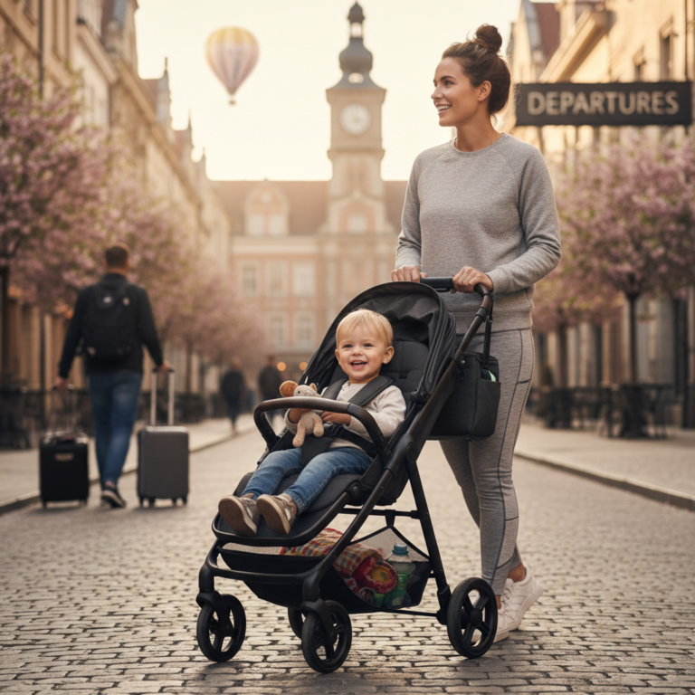 Modern parent pushes compact travel stroller with happy toddler through vibrant, travel-themed setting.