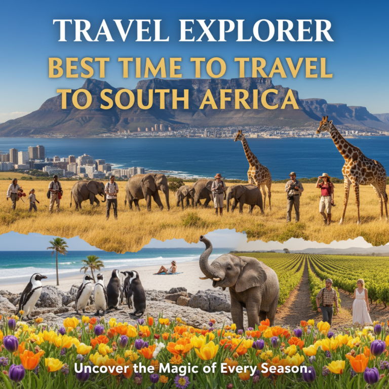Travelers explore Cape Town, Table Mountain, wildlife, beaches, and vineyards in sunny South Africa.