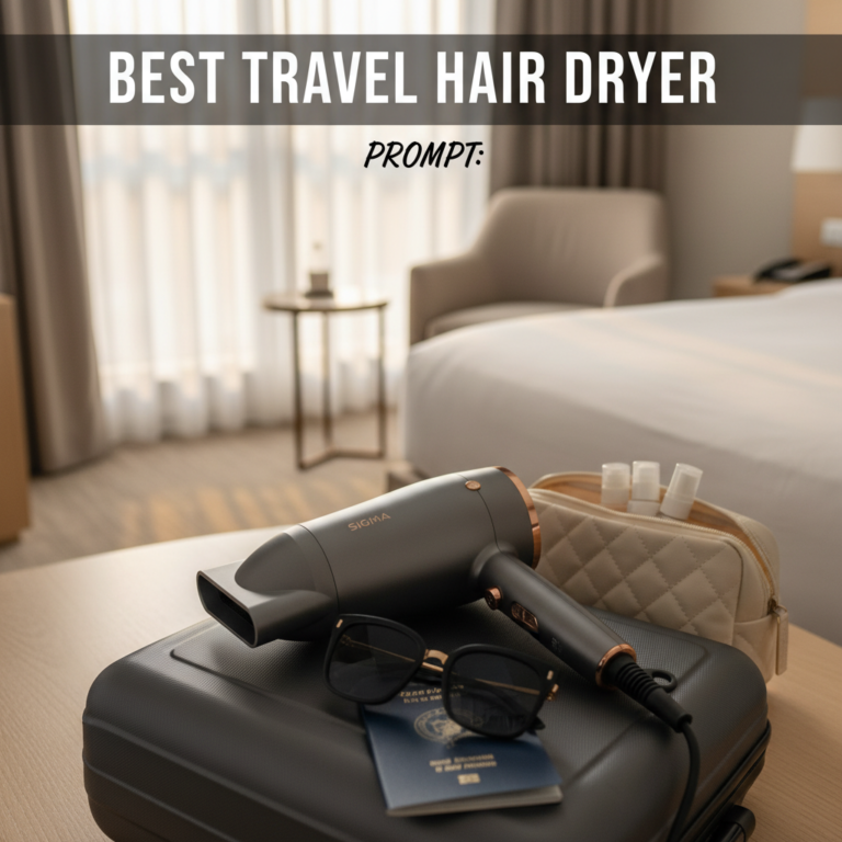 Compact travel hair dryer on suitcase with passport, sunglasses, and hotel room in soft natural light.
