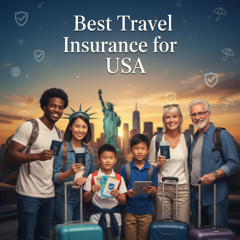 Diverse travelers at a US landmark with luggage and insurance, symbolizing safe and joyful journeys.