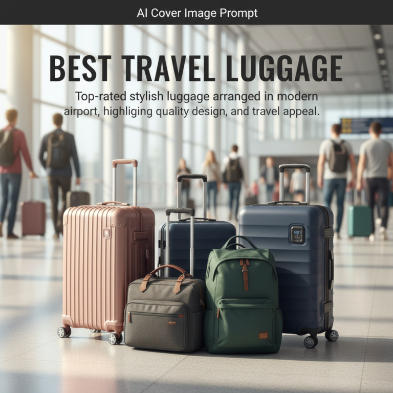 Top-rated stylish luggage arranged in a modern airport, highlighting quality, design, and travel appeal.
