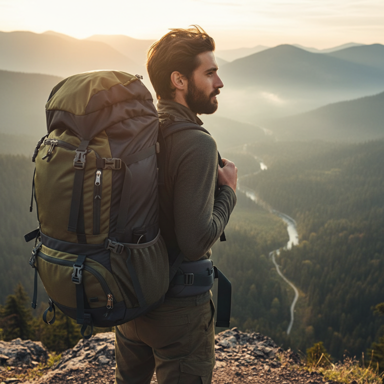 Adventurer with a stylish rucksack gazes over misty mountains at sunrise, ready for new journeys.